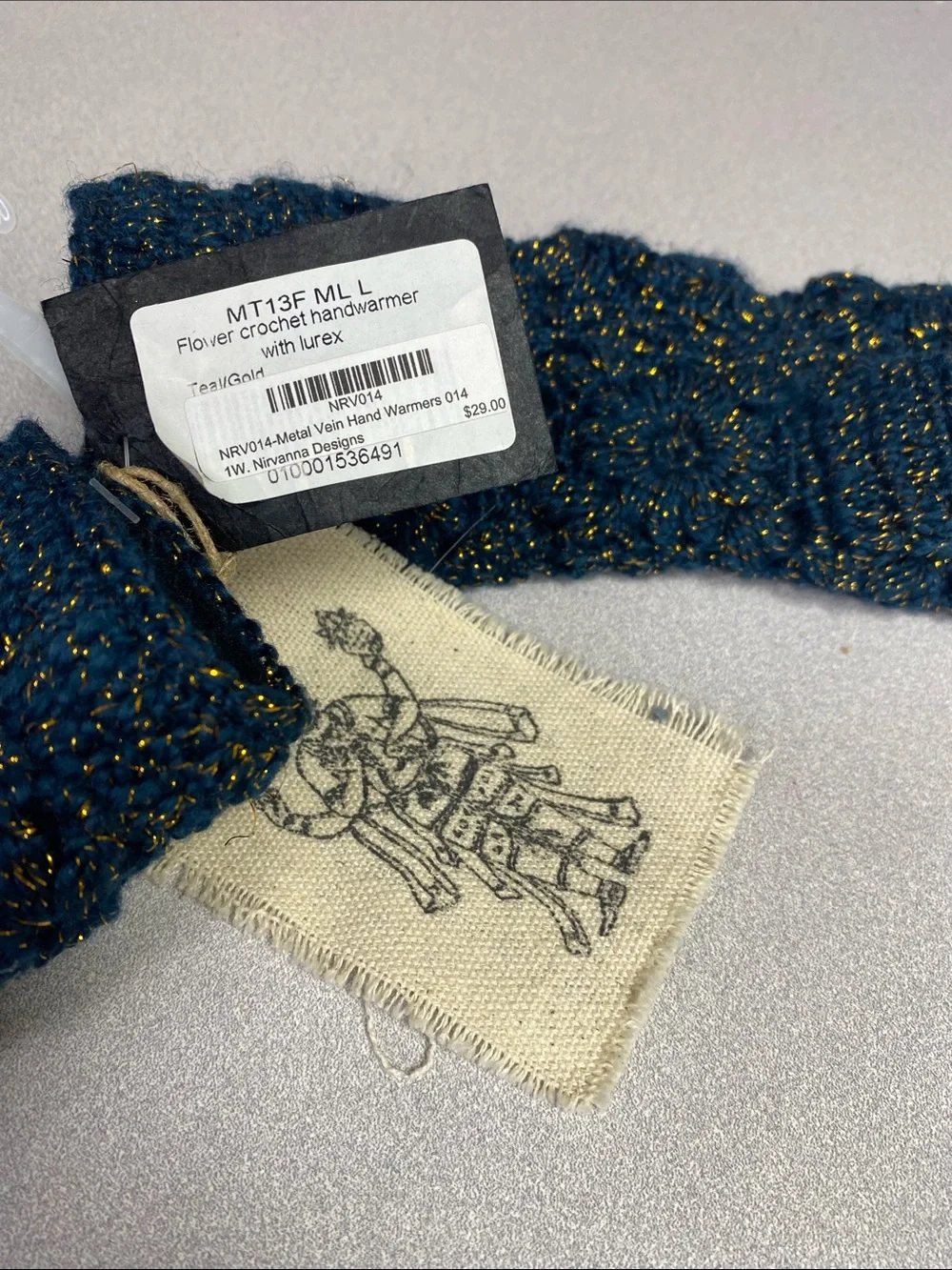 Metallic Teal Fingerless Knit Gloves with Gold Thread